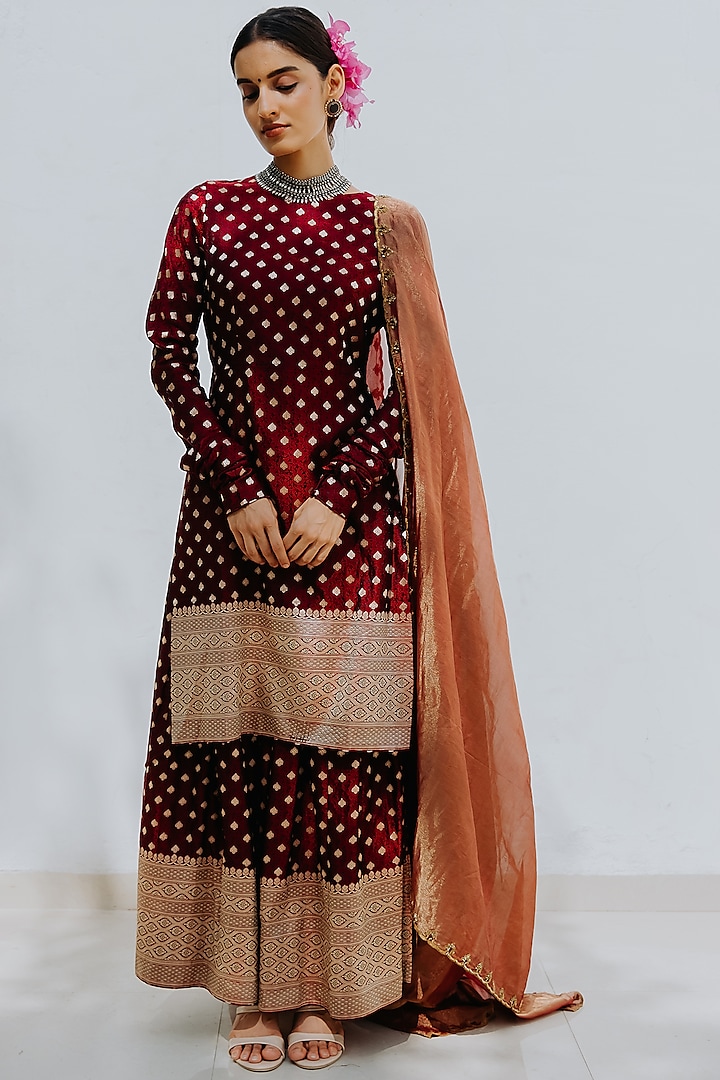 Sangria Red Handloom Sharara Set by Mimamsaa