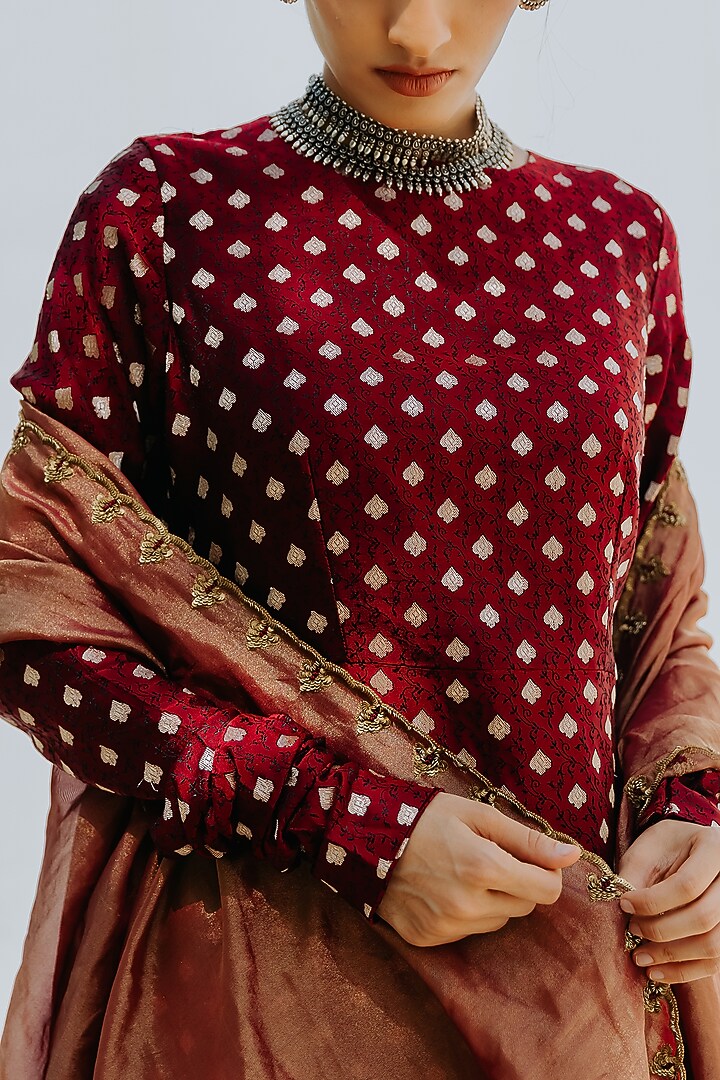 Sangria Red Handloom Wedding Sharara Set by Mimamsaa at Pernia's Pop Up Shop
