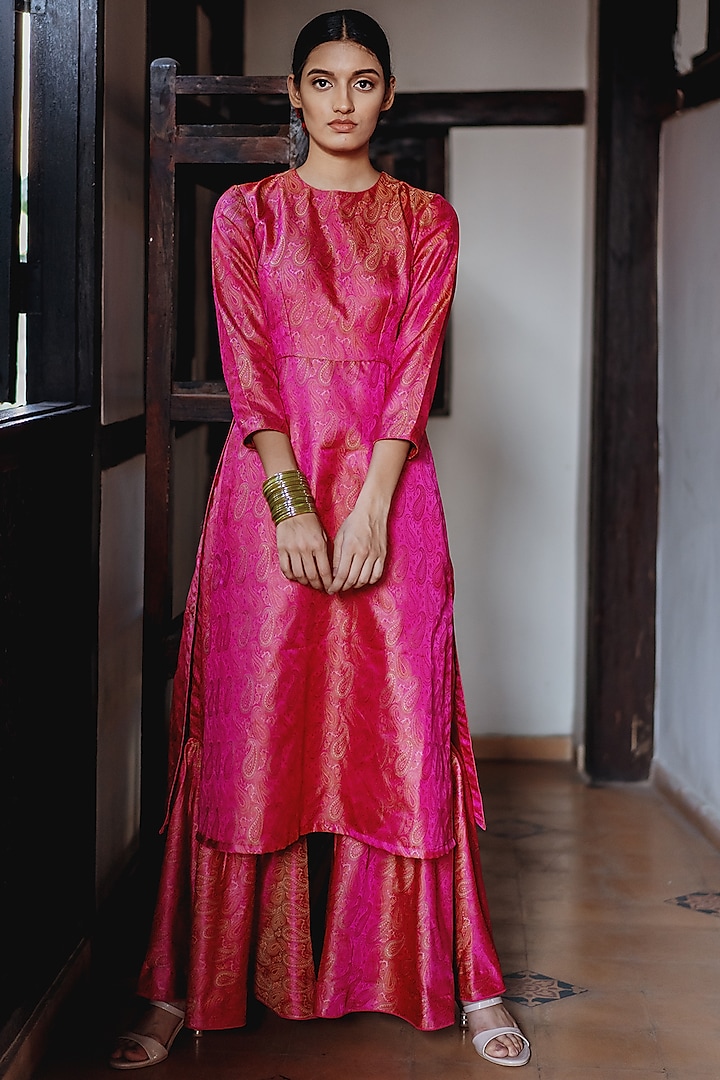 Magenta Pink Handloom Gharara Set by Mimamsaa