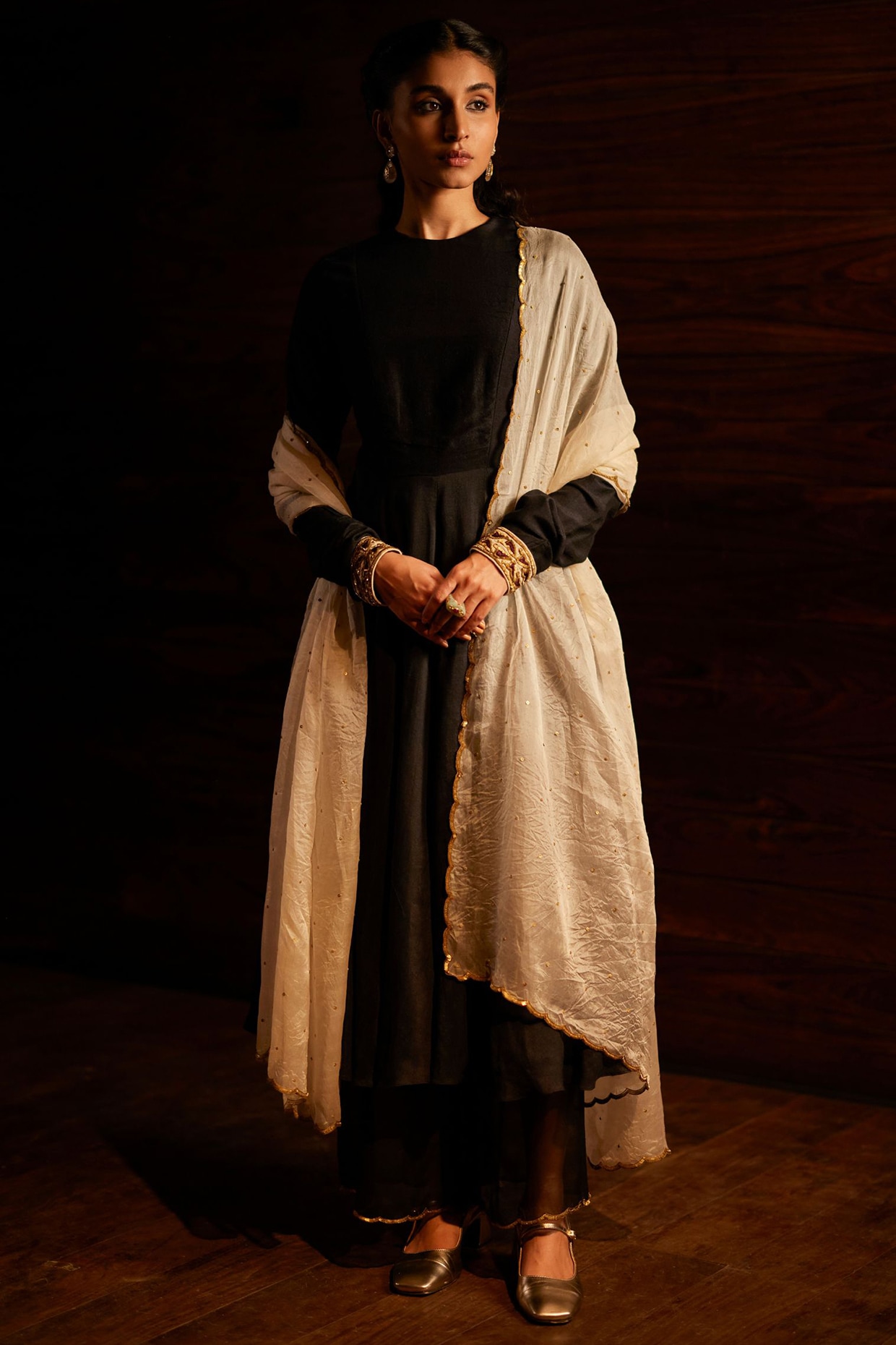 Mimamsaa Charcoal Black Munga Silk Anarkali Set