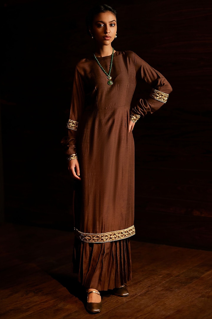 Chocolate Brown Munga Silk Embroidered Kurta Set by Mimamsaa at Pernia's Pop Up Shop