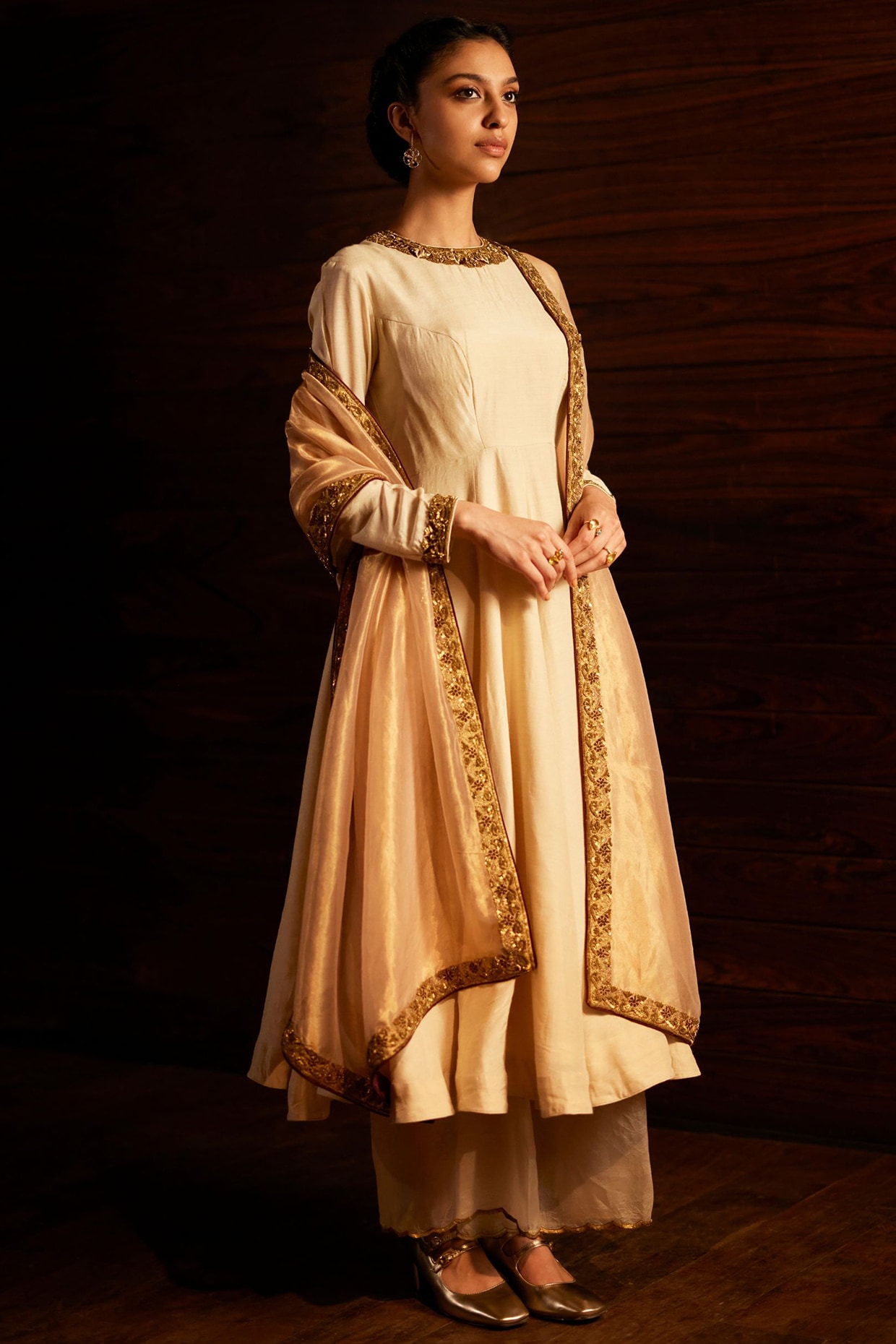 Mimamsaa Ivory & Gold Munga Silk Embroidered Anarkali Set