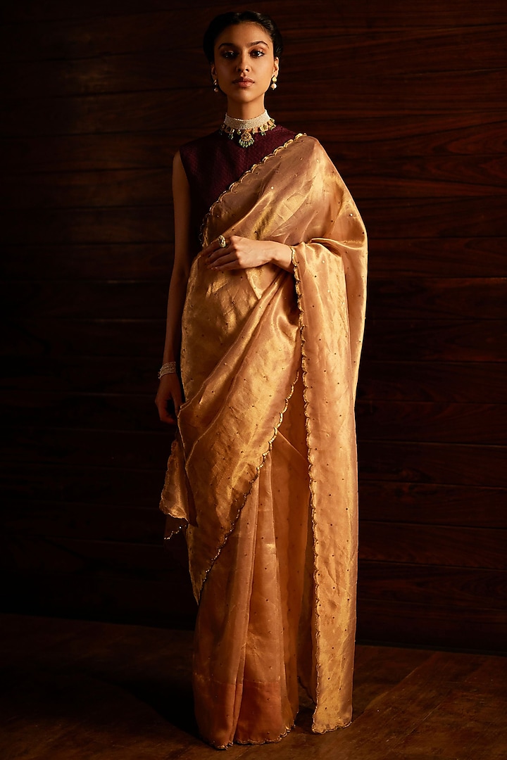 Golden Silk Tissue Saree Set by Mimamsaa