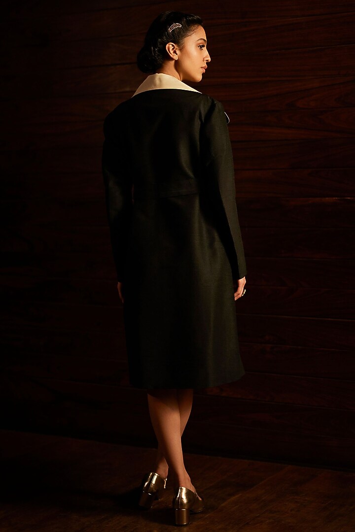 Charcoal Black & Ivory Munga Silk Trench Coat by Mimamsaa at Pernia's Pop Up Shop