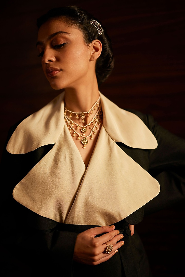 Charcoal Black & Ivory Munga Silk Trench Coat by Mimamsaa at Pernia's Pop Up Shop