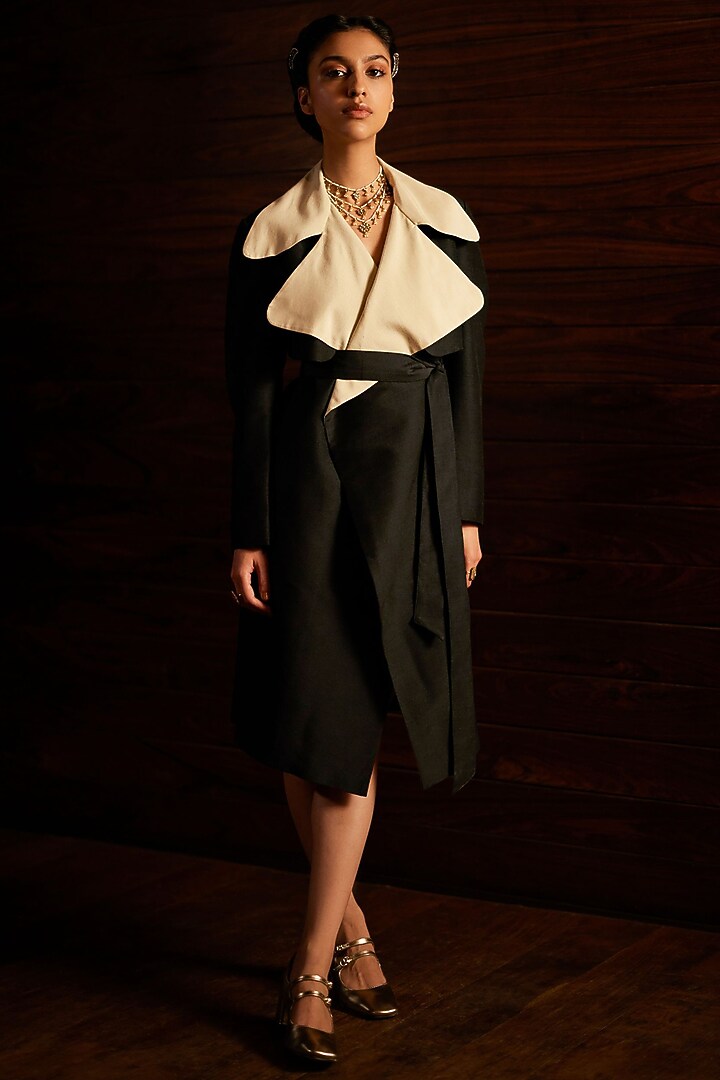 Charcoal Black & Ivory Munga Silk Trench Coat by Mimamsaa at Pernia's Pop Up Shop