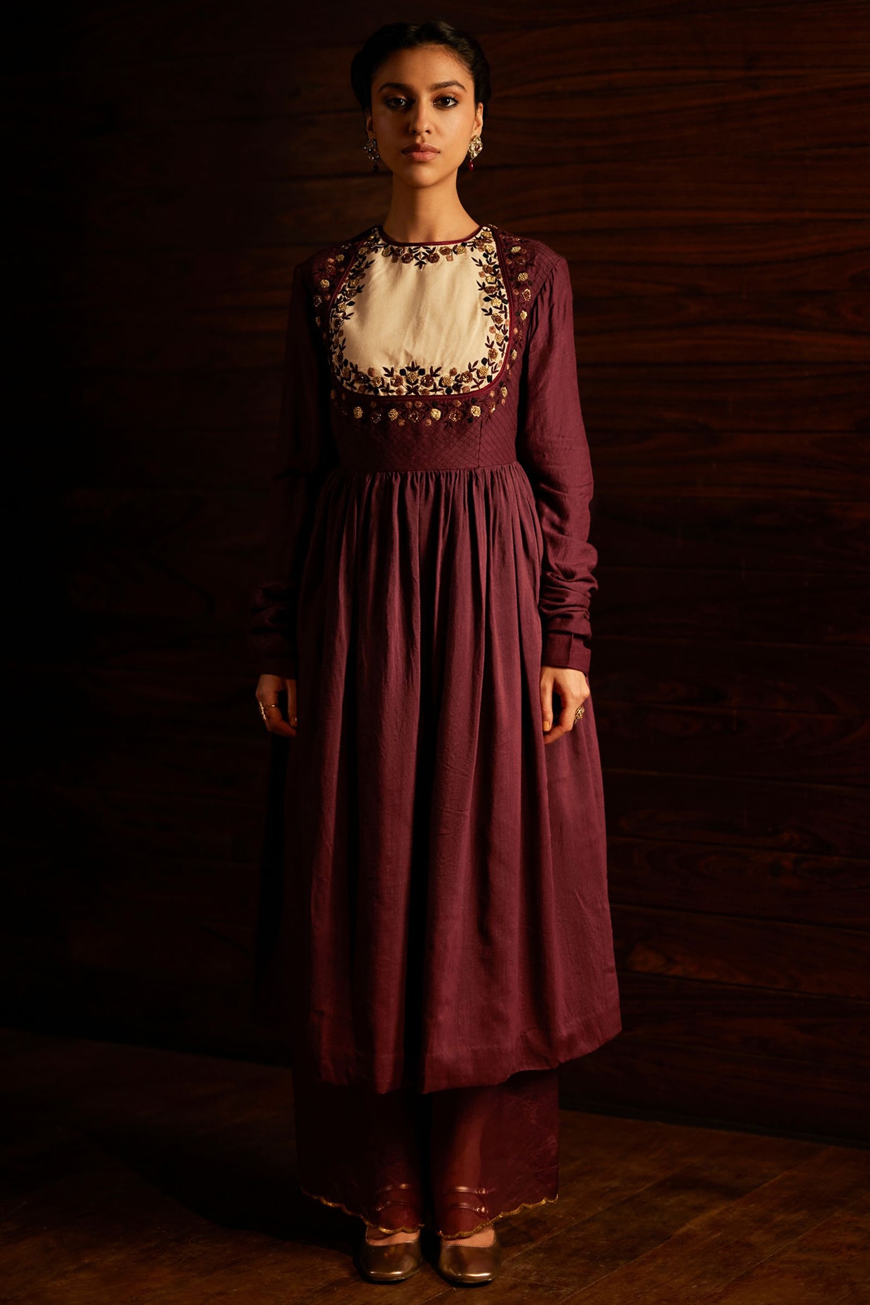 Mimamsaa Burgundy & Ivory Munga Silk Embroidered Anarkali Set