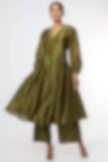 Olive Green Silk Chanderi Flared Kurta Set by Mimamsaa