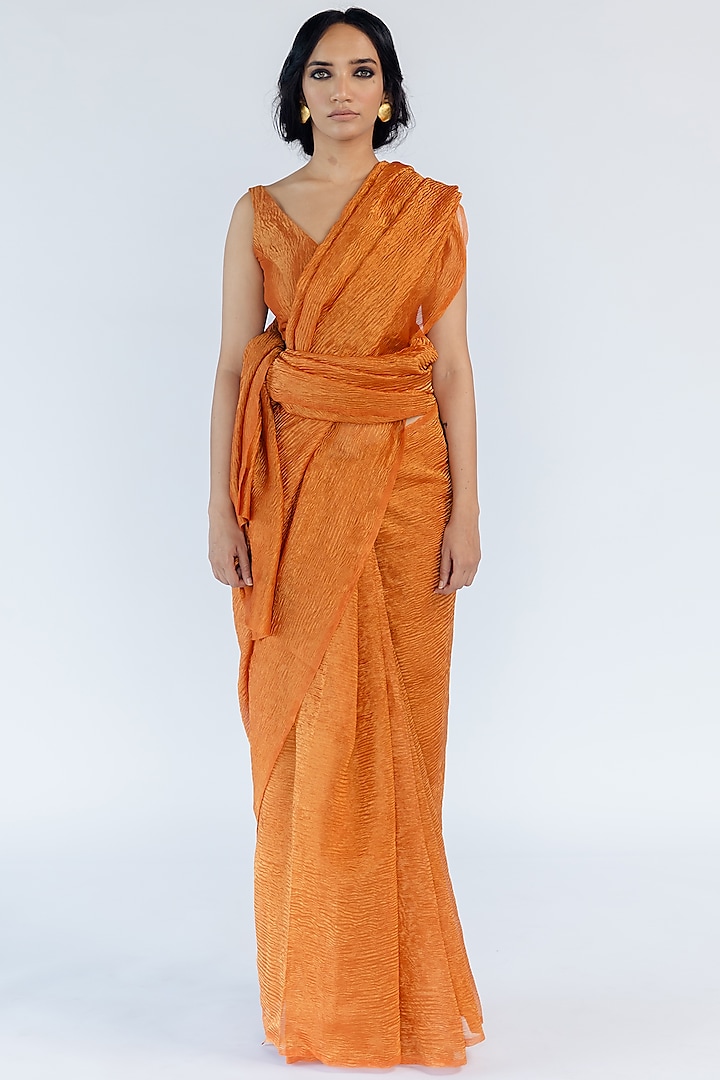 Rust Tissue Silk Hand-Crushed Woven Saree by Mimamsaa