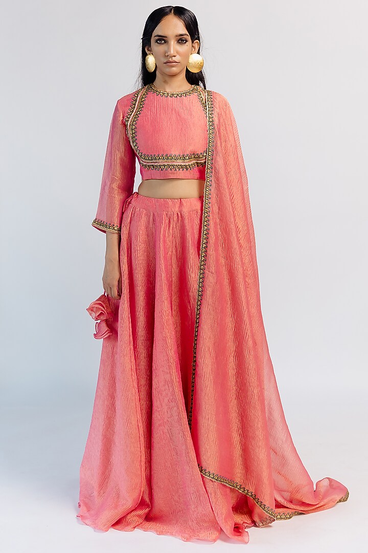 Pink Tissue Silk Wedding Lehenga Set by Mimamsaa at Pernia's Pop Up Shop