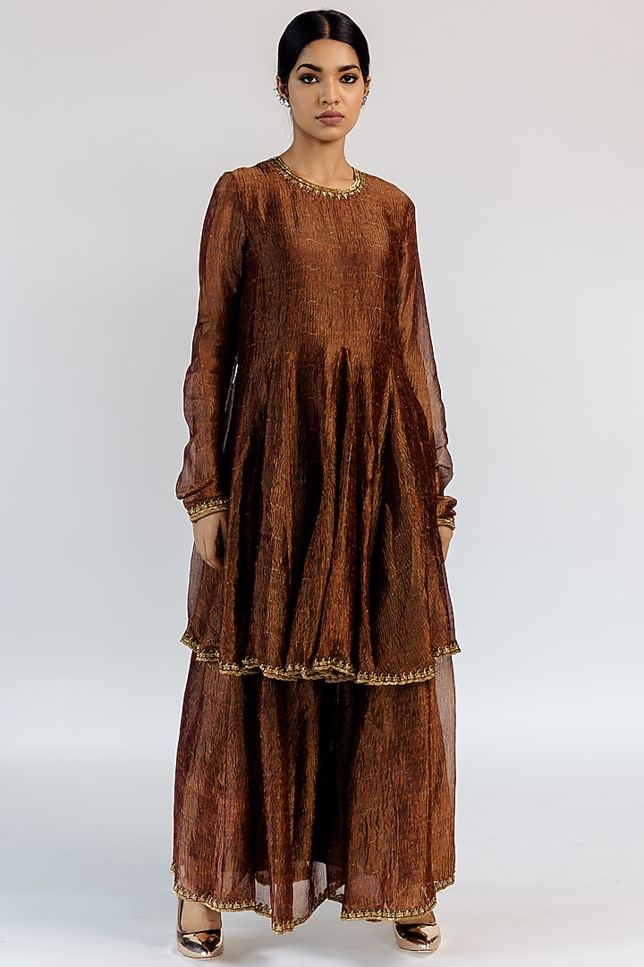Chocolate Brown Tissue Silk Kaftan Set by Mimamsaa at Pernia's Pop Up Shop