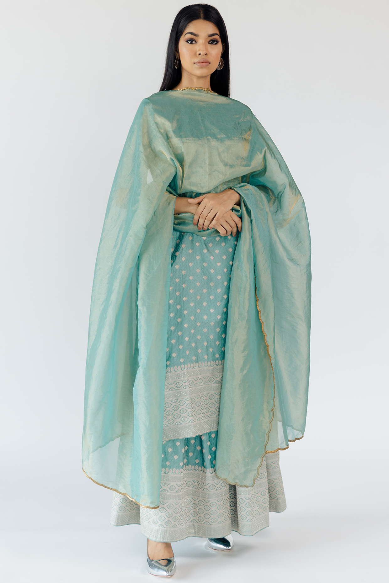 Pale Blue Satin Silk Woven Sharara Set by Mimamsaa