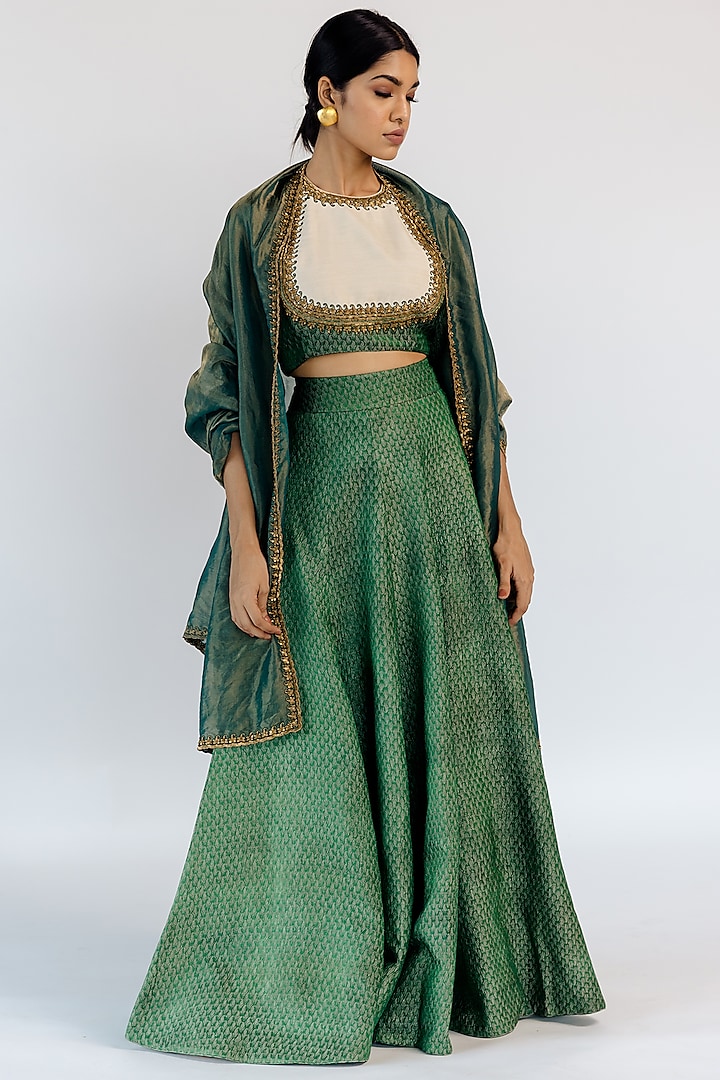 Emerald Green Embroidered Woven Lehenga Set by Mimamsaa