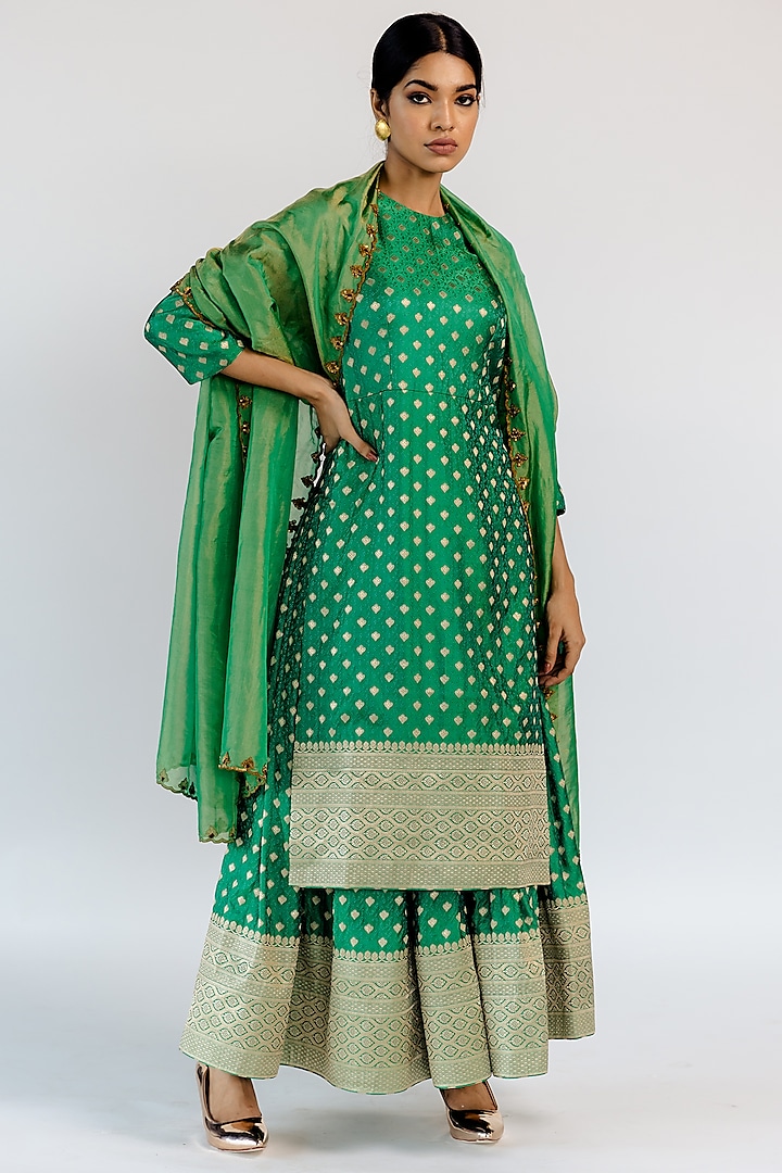 Emerald Green Satin Silk Woven Sharara Set by Mimamsaa at Pernia's Pop Up Shop