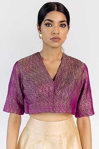 Wine Silk Brocade Woven Blouse by Mimamsaa