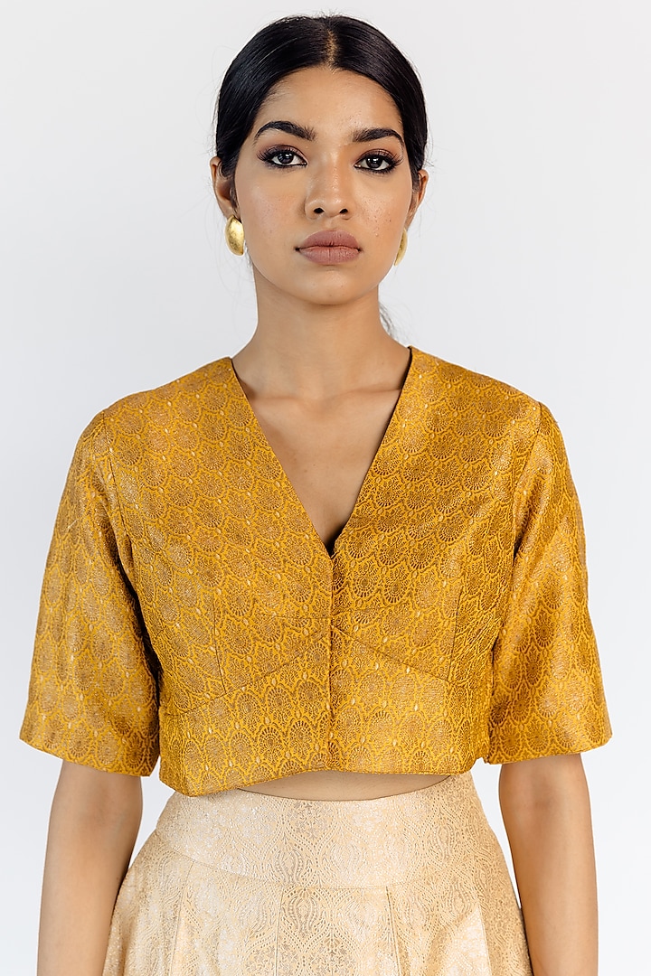 Mustard Silk Brocade Woven Blouse by Mimamsaa