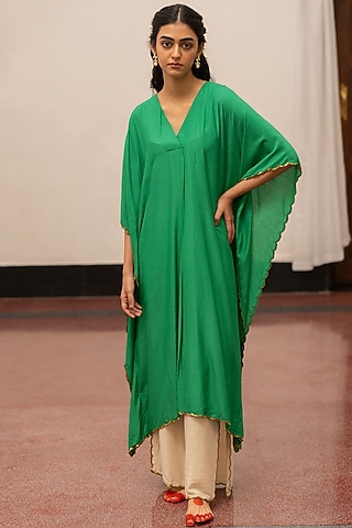 Emerald Green Moonga Silk Embroidered Woven Kaftan Set by Mimamsaa