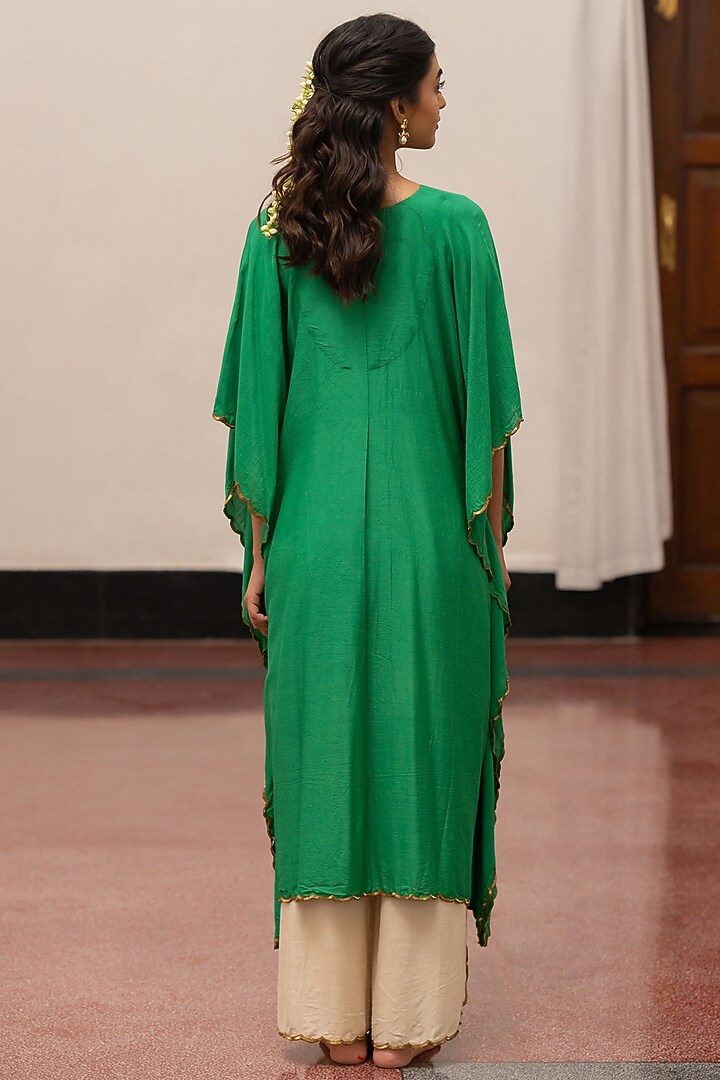 Emerald Green Moonga Silk Embroidered Woven Kaftan Set by Mimamsaa at Pernia's Pop Up Shop