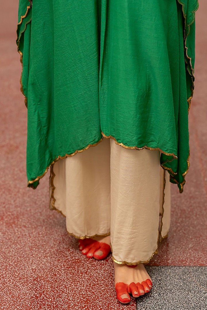 Emerald Green Moonga Silk Embroidered Woven Kaftan Set by Mimamsaa at Pernia's Pop Up Shop