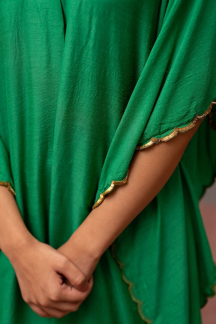 Emerald Green Moonga Silk Embroidered Woven Kaftan Set by Mimamsaa at Pernia's Pop Up Shop