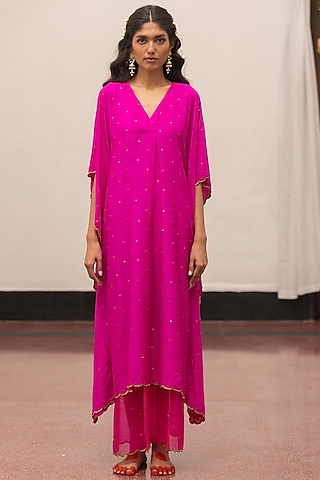 Fuchsia Moonga Silk Embroidered Woven Kaftan Set by Mimamsaa