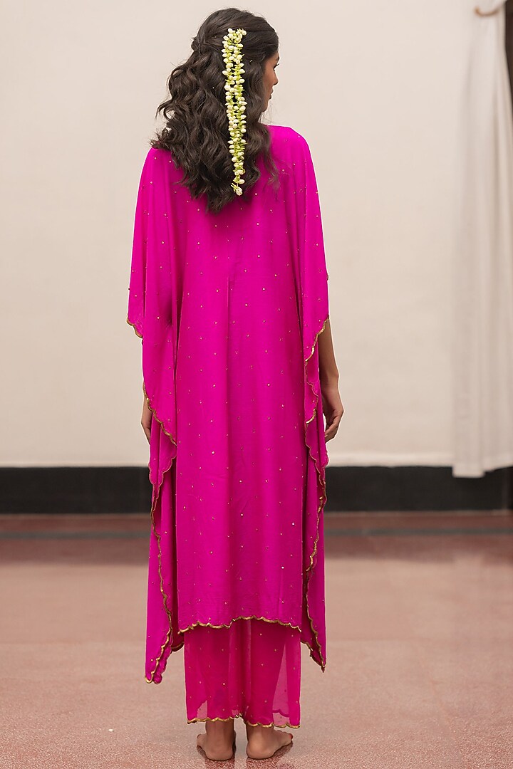Fuchsia Moonga Silk Embroidered Woven Kaftan Set by Mimamsaa at Pernia's Pop Up Shop