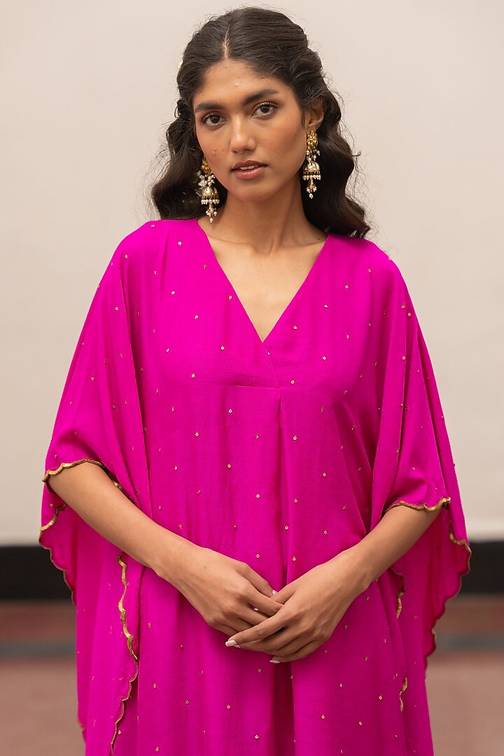 Fuchsia Moonga Silk Embroidered Woven Kaftan Set by Mimamsaa at Pernia's Pop Up Shop