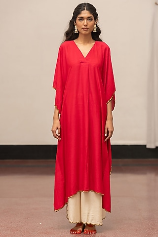 Rose Moonga Silk Embroidered Woven Kaftan Set by Mimamsaa
