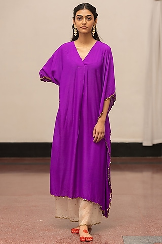 Violet Moonga Silk Embroidered Woven Kaftan Set by Mimamsaa