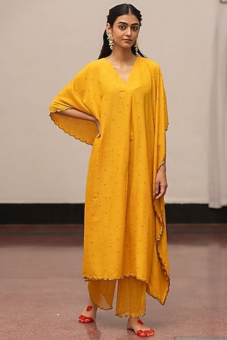 Cyber Yellow Moonga Silk Embroidered Woven Kaftan Set by Mimamsaa