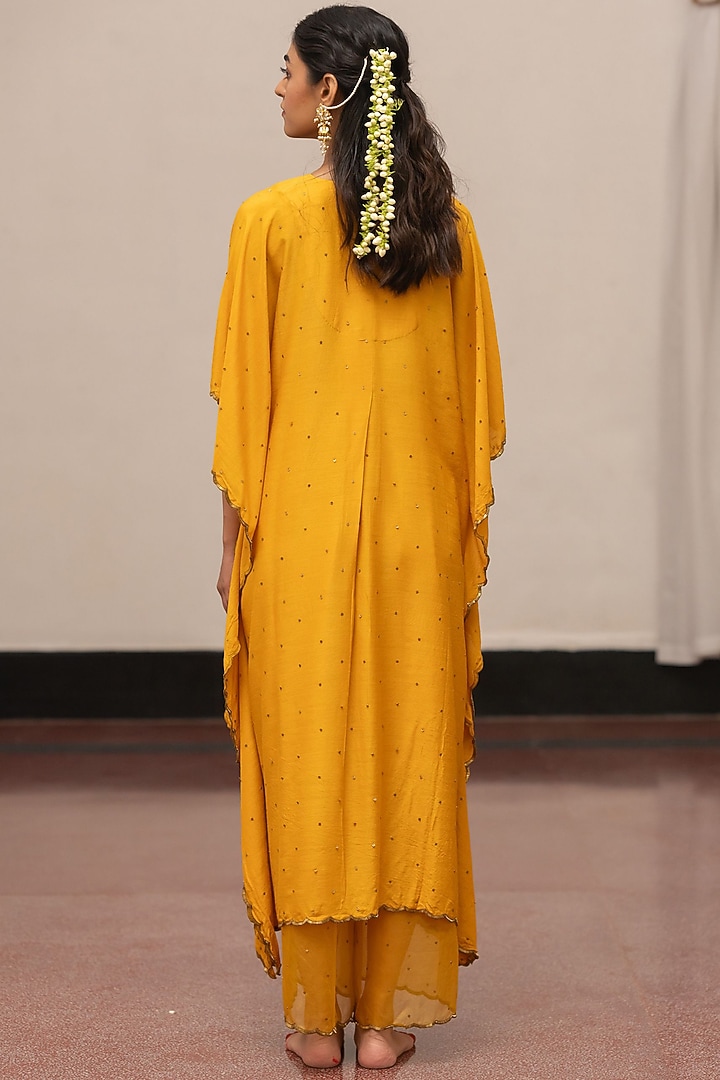 Cyber Yellow Moonga Silk Embroidered Woven Kaftan Set by Mimamsaa at Pernia's Pop Up Shop