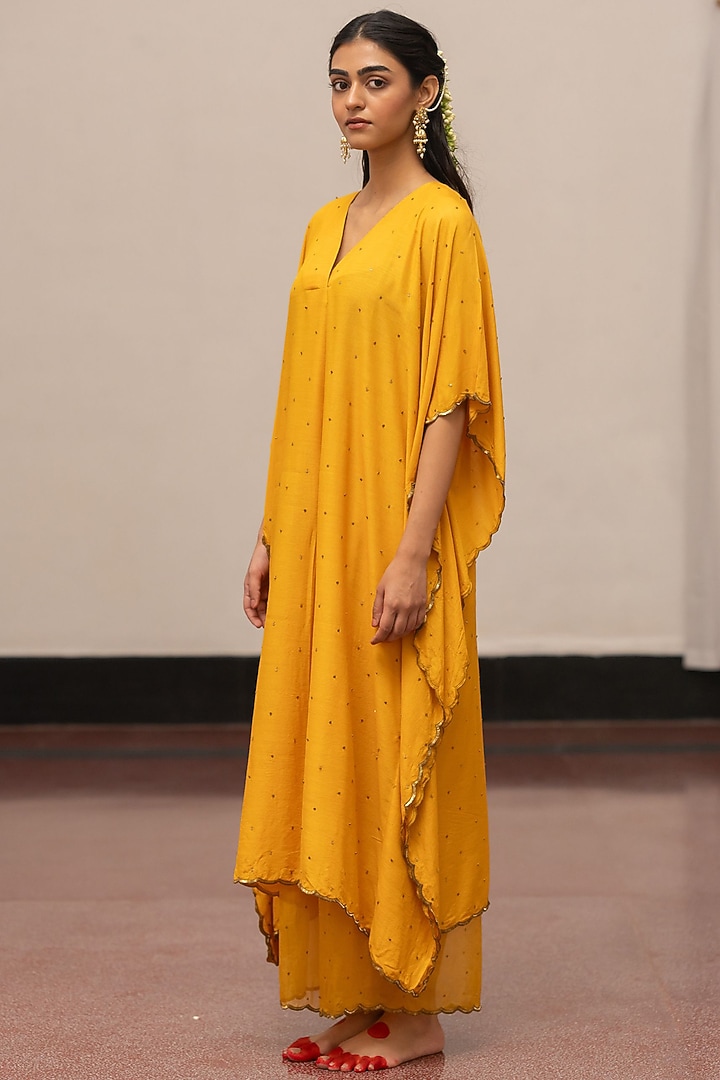 Cyber Yellow Moonga Silk Embroidered Woven Kaftan Set by Mimamsaa at Pernia's Pop Up Shop