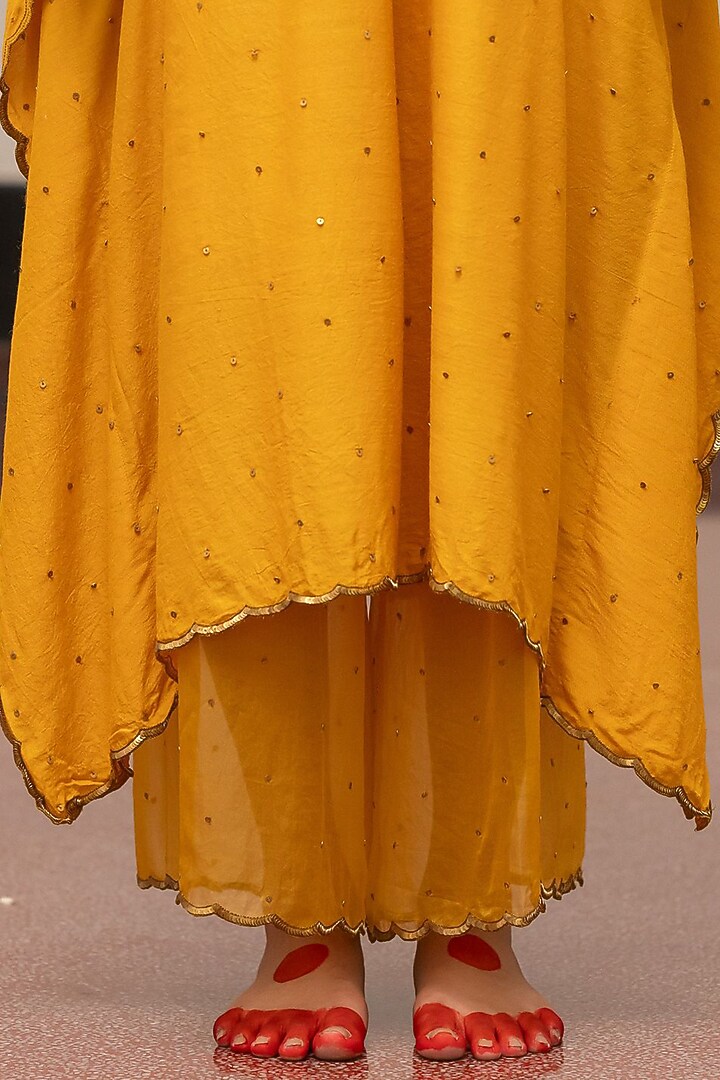 Cyber Yellow Moonga Silk Embroidered Woven Kaftan Set by Mimamsaa at Pernia's Pop Up Shop