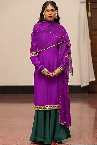 Violet Organza Silk Embroidered Woven Dupatta by Mimamsaa