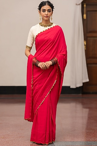 Rose Moonga Silk Embroidered Woven Saree Set by Mimamsaa