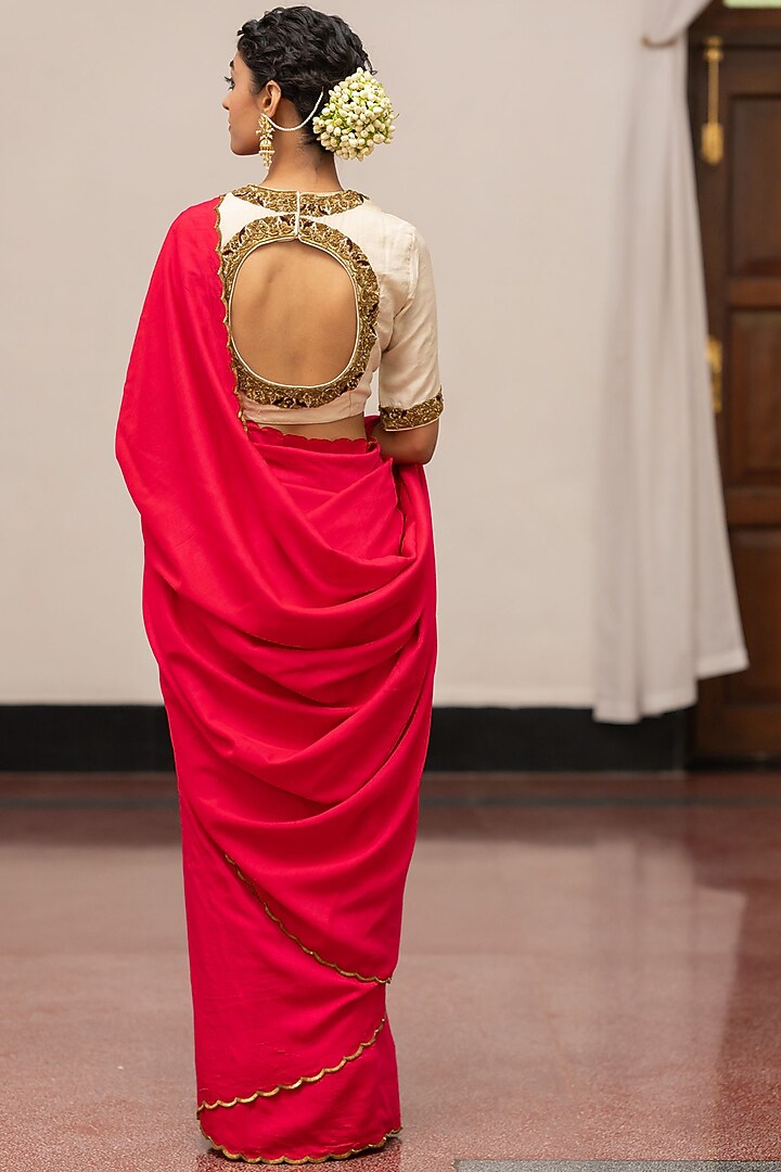 Rose Moonga Silk Embroidered Woven Wedding Saree Set by Mimamsaa at Pernia's Pop Up Shop