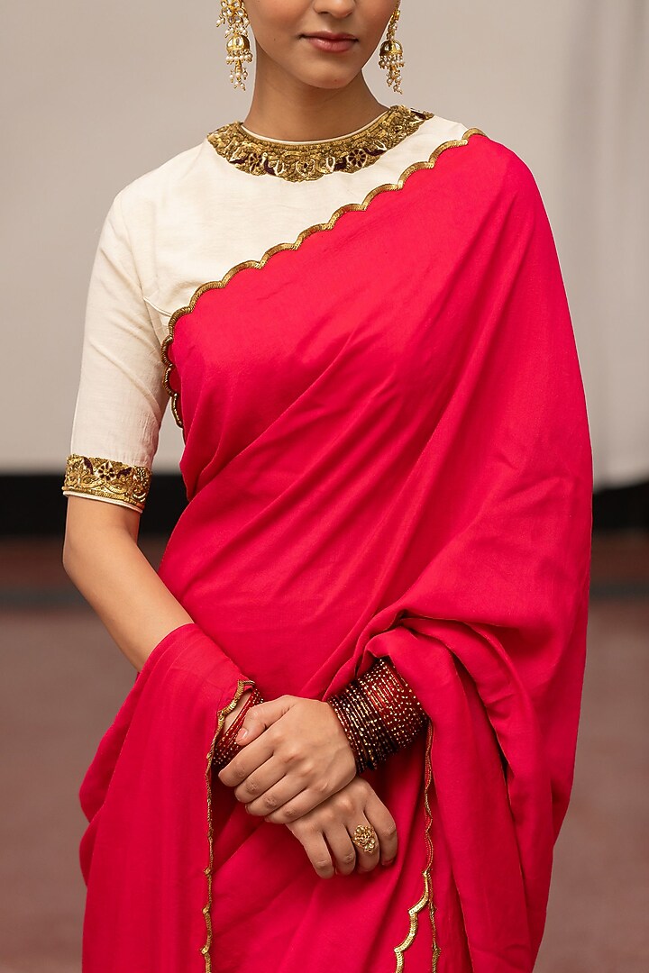 Rose Moonga Silk Embroidered Woven Wedding Saree Set by Mimamsaa at Pernia's Pop Up Shop