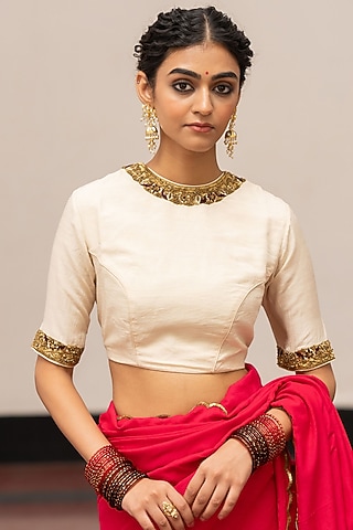 Ivory Moonga Silk Embroidered Quilted Blouse by Mimamsaa