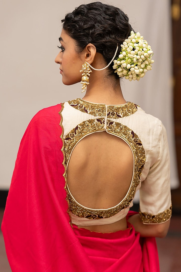 Ivory Moonga Silk Embroidered Quilted Blouse by Mimamsaa at Pernia's Pop Up Shop