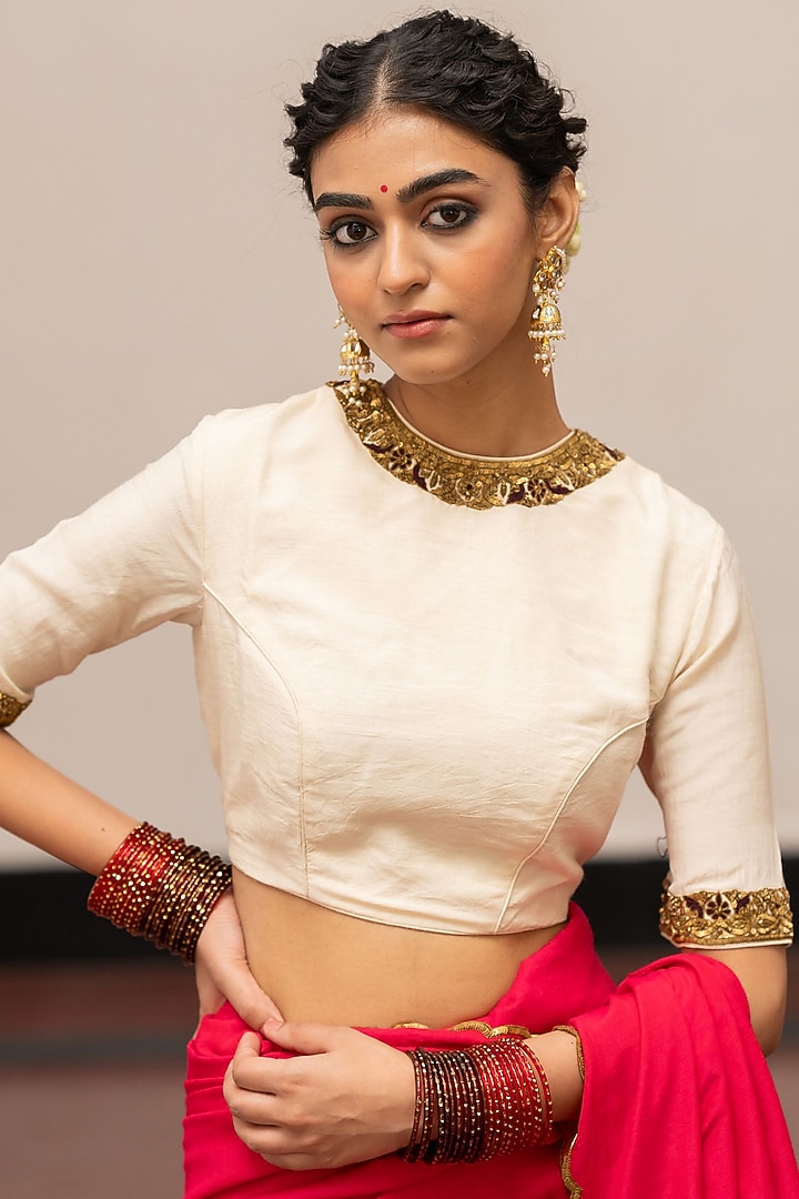 Ivory Moonga Silk Embroidered Quilted Blouse by Mimamsaa at Pernia's Pop Up Shop