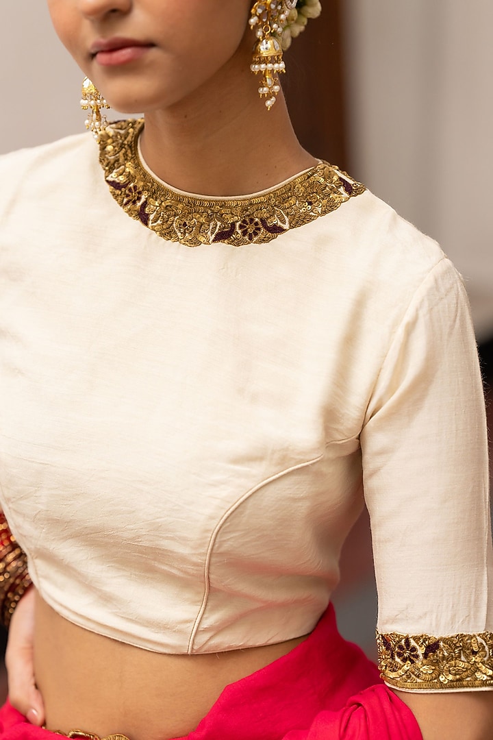 Ivory Moonga Silk Embroidered Quilted Blouse by Mimamsaa at Pernia's Pop Up Shop