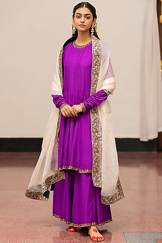 Violet Moonga Silk Embroidered Woven Kurta Set by Mimamsaa