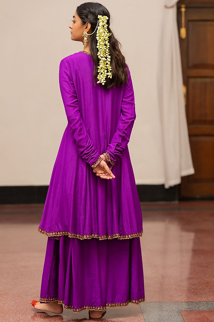 Violet Moonga Silk Embroidered Woven Kurta Set by Mimamsaa at Pernia's Pop Up Shop