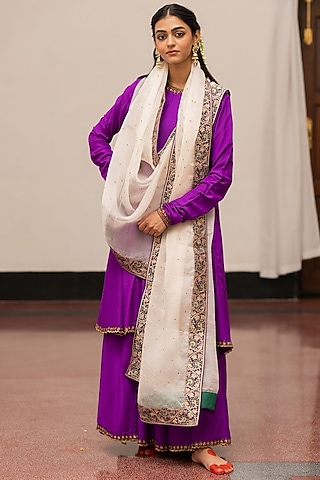 Ivory Organza Silk Embroidered Woven Dupatta by Mimamsaa