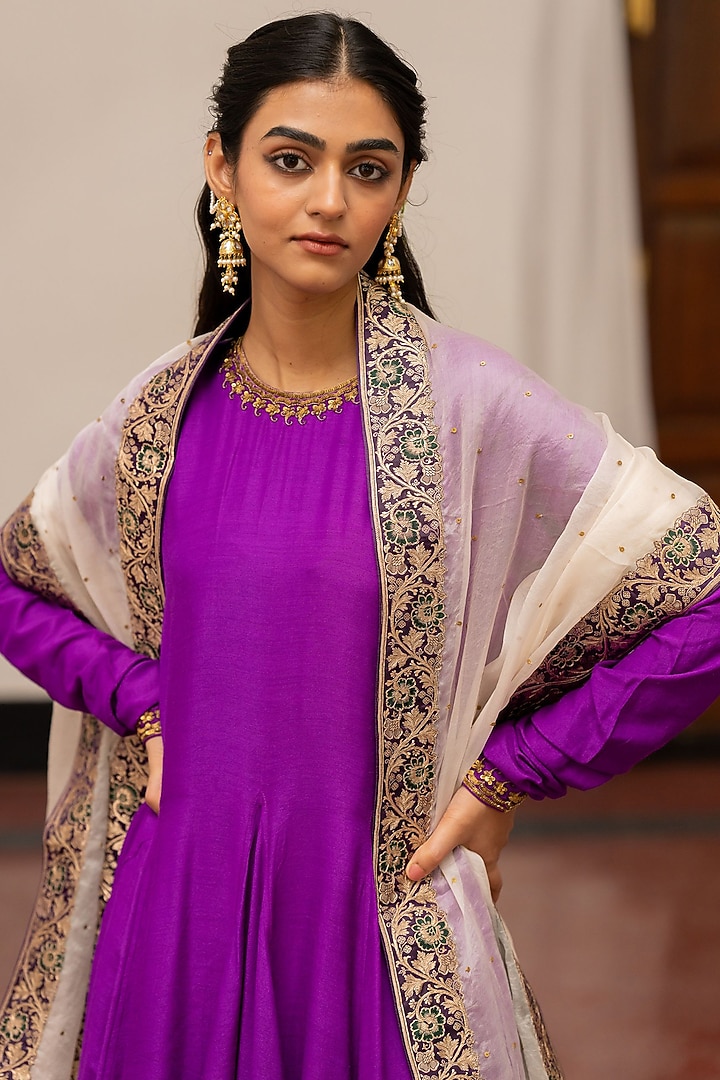 Ivory Organza Silk Embroidered Woven Dupatta by Mimamsaa at Pernia's Pop Up Shop
