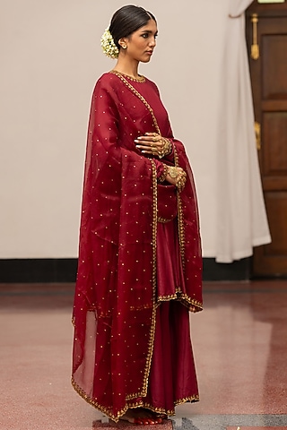Burgundy Organza Silk Embroidered Woven Dupatta by Mimamsaa