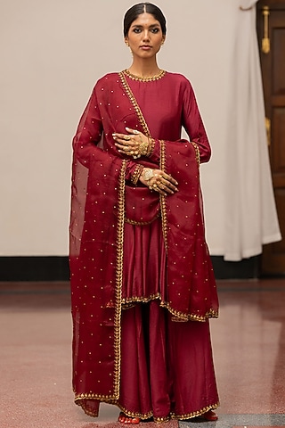 Burgundy Moonga Silk Sharara Set by Mimamsaa
