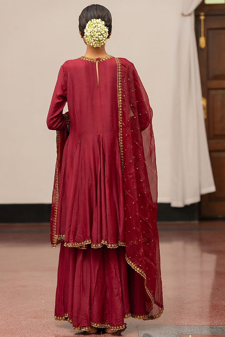 Burgundy Moonga Silk Wedding Sharara Set by Mimamsaa at Pernia's Pop Up Shop
