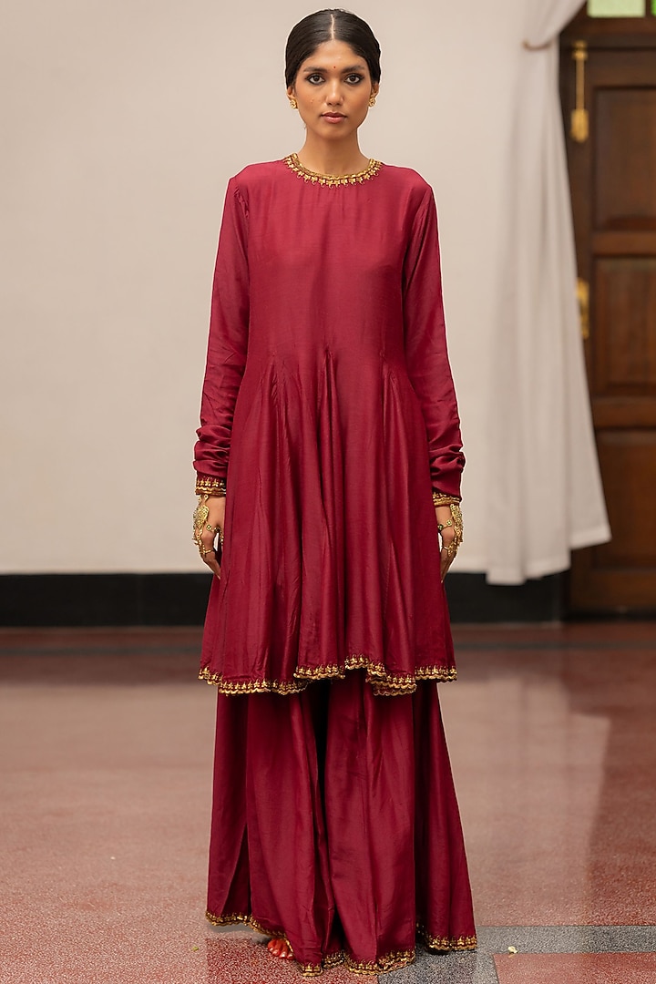 Burgundy Moonga Silk Wedding Sharara Set by Mimamsaa at Pernia's Pop Up Shop