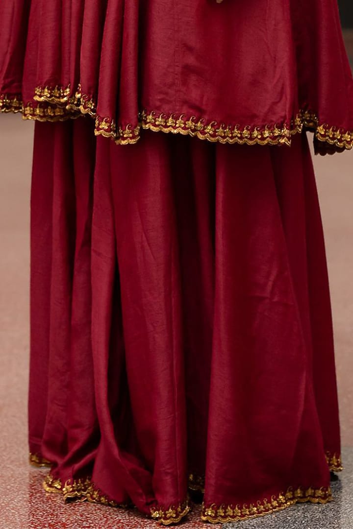 Burgundy Moonga Silk Wedding Sharara Set by Mimamsaa at Pernia's Pop Up Shop